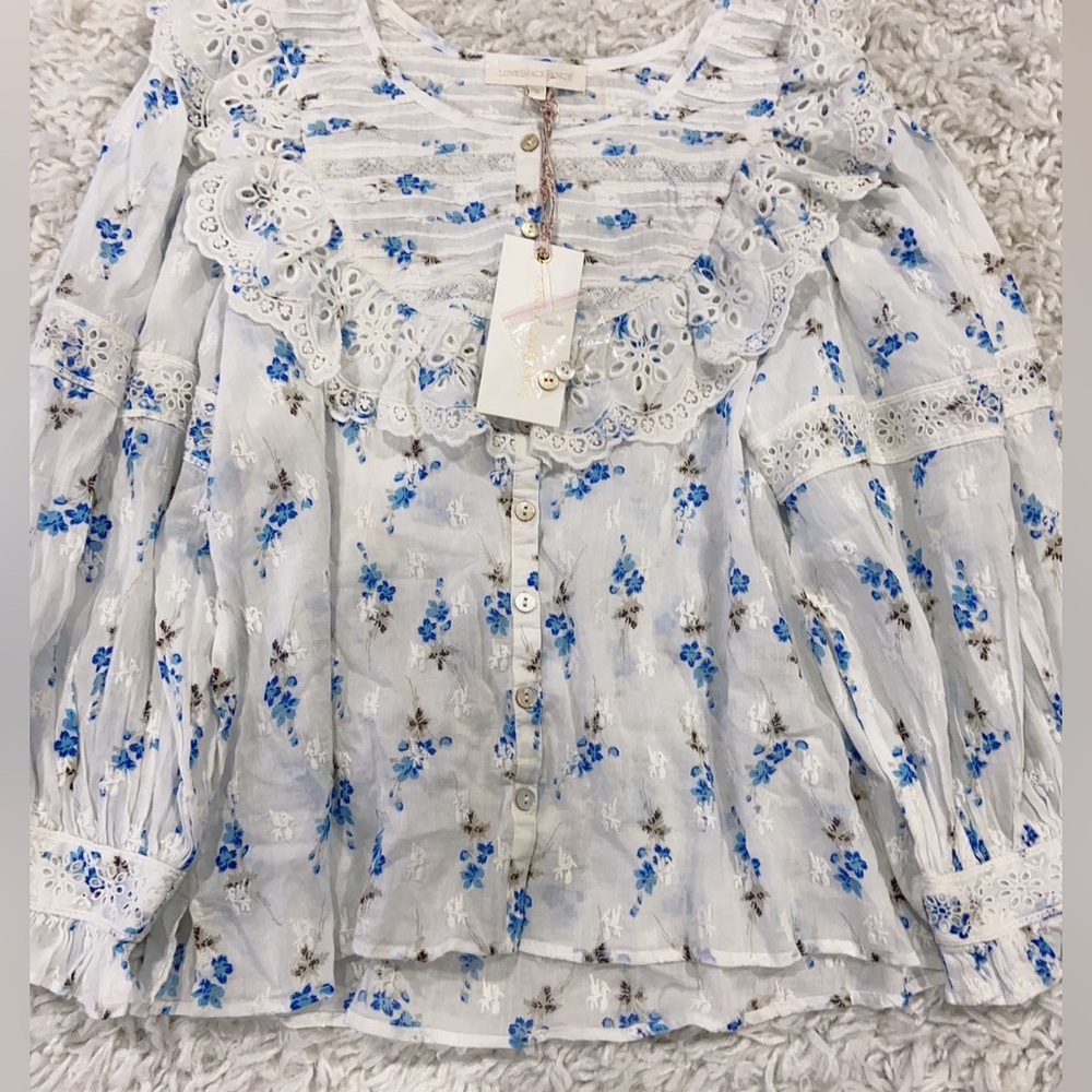 NWT LoveShackFancy Canna Lace-Trim Top Brilliant Blue Size S